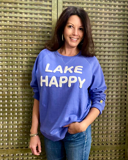 Lake Happy Crew Neck Sweatshirt Bleached Denim White Chenille Logo Design