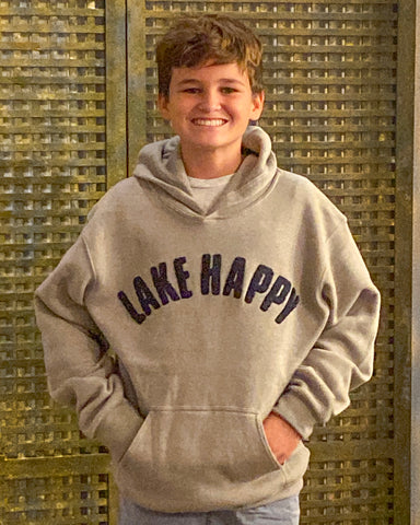 Lake Happy gender neutral sweatshirt, heather grey with navy letters.