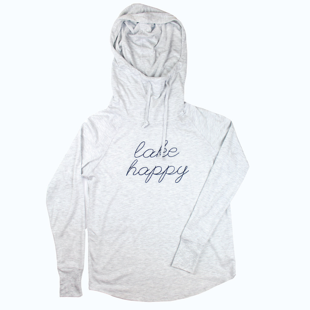 Lake Happy Long Sleeve Hooded Cowl Neck T-shirt Heather Grey Stitched Logo Design