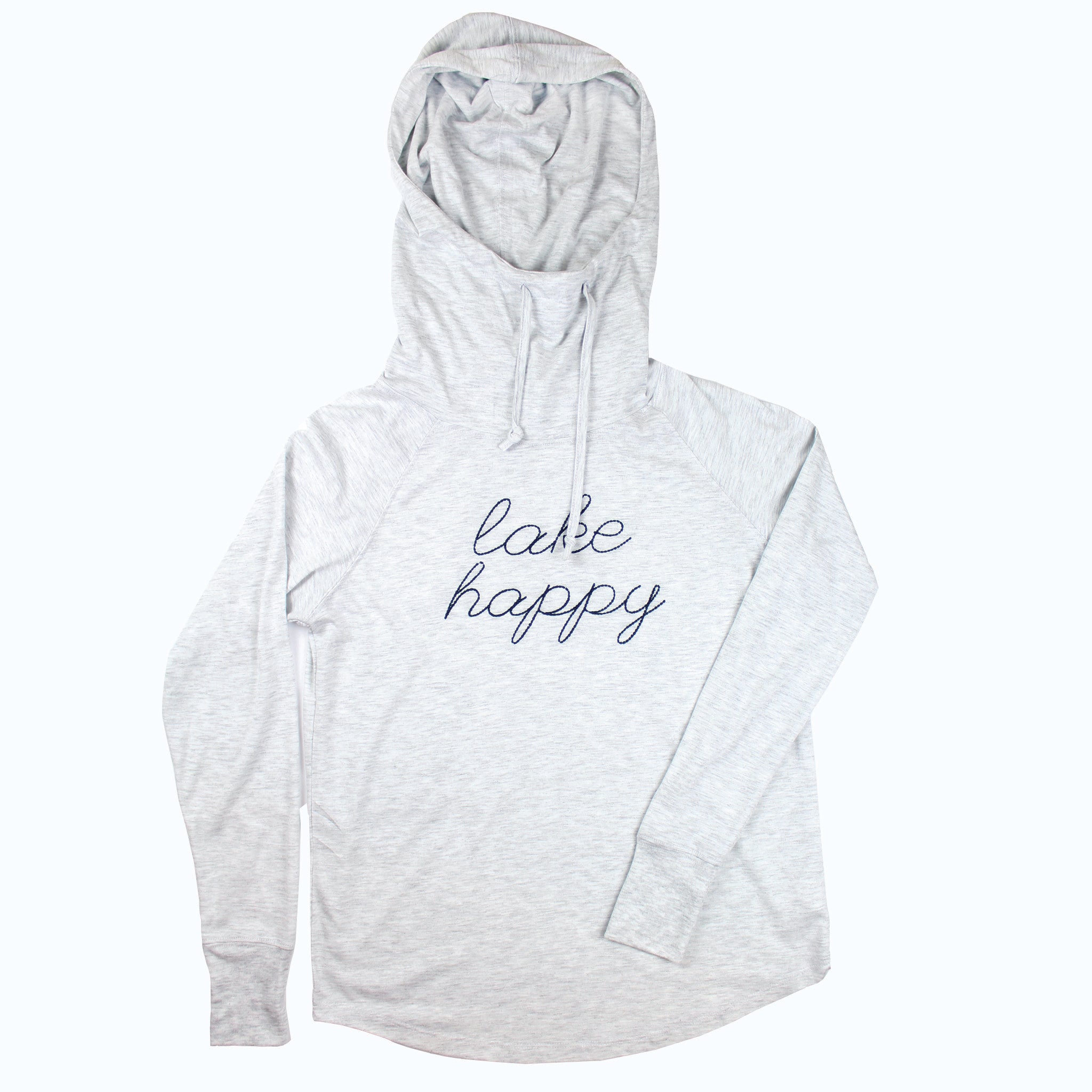 Lake Happy Long Sleeve Hooded Cowl Neck T-shirt Heather Grey Stitched Logo Design