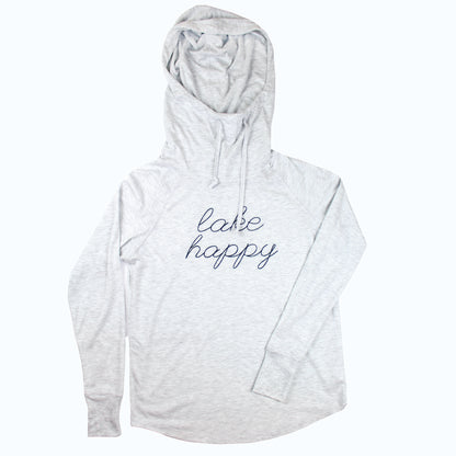 Lake Happy Long Sleeve Hooded Cowl Neck T-shirt Heather Grey Stitched Logo Design