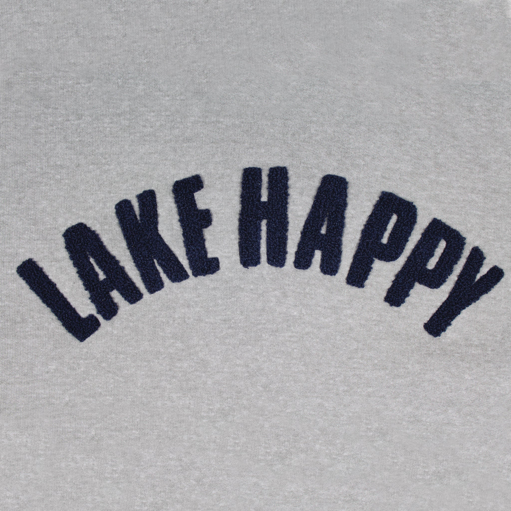 Lake Happy Hoodie Chenille Sweatshirt Grey Navy Logo Design