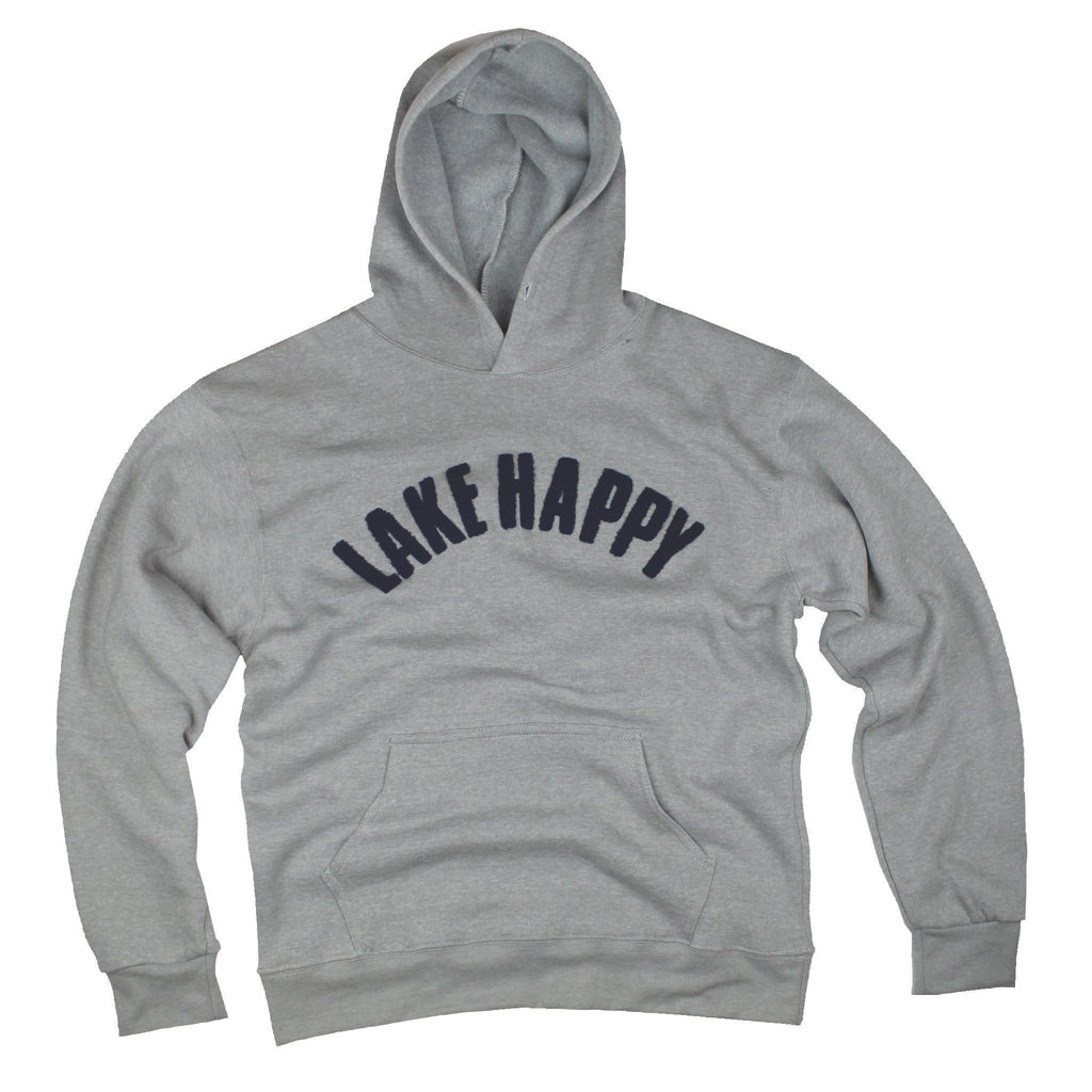 Lake Happy Hoodie Chenille Sweatshirt Grey Navy Logo Design
