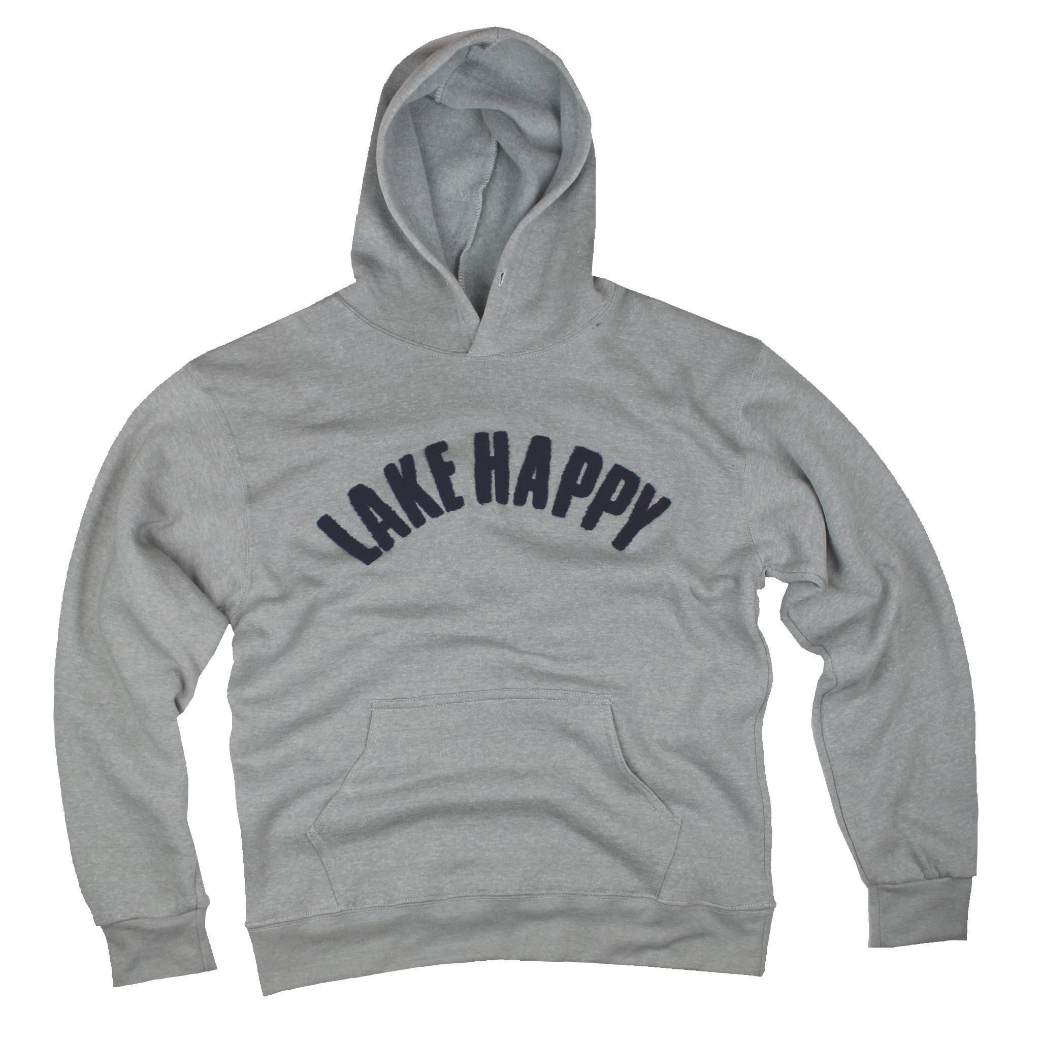 Lake Happy Hoodie Chenille Sweatshirt Grey Navy Logo Design