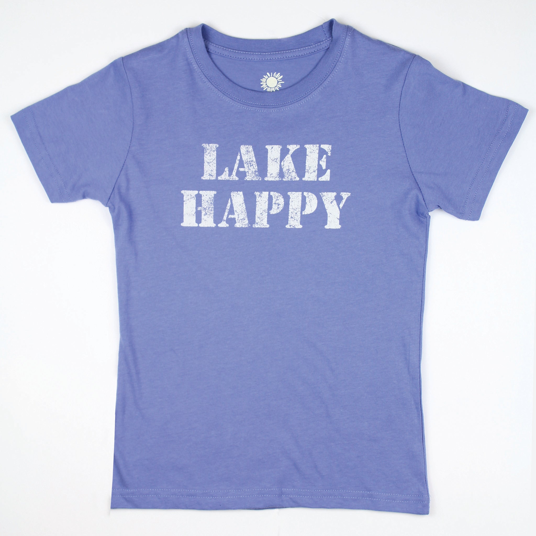 Lake Happy Youth Short Sleeve T-shirt Bleached Denim Stencil Logo Design