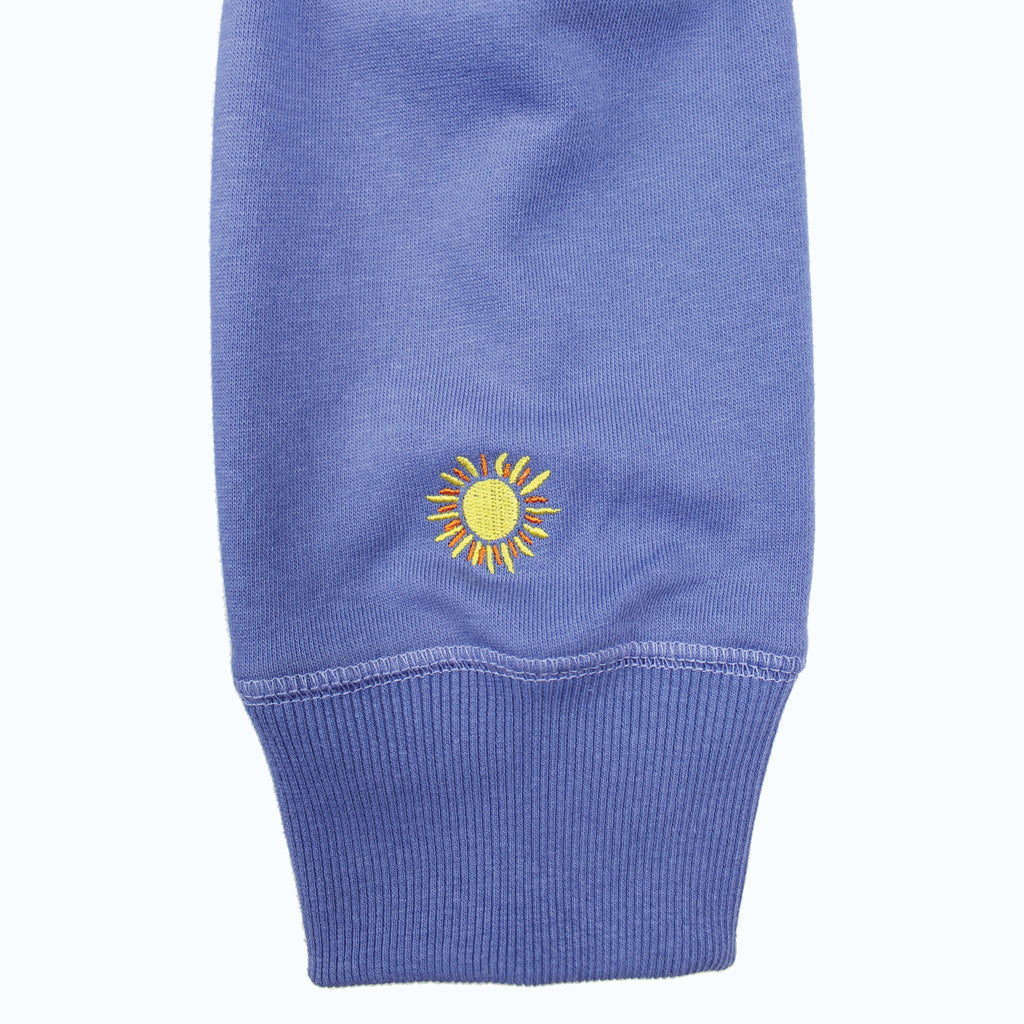 Lake Happy Crew Neck Sweatshirt Bleached Denim White Chenille Logo Design