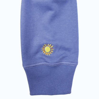 Lake Happy Crew Neck Sweatshirt Bleached Denim White Chenille Logo Design