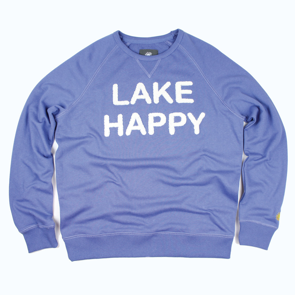 Lake Happy Crew Neck Sweatshirt Bleached Denim White Chenille Logo Design