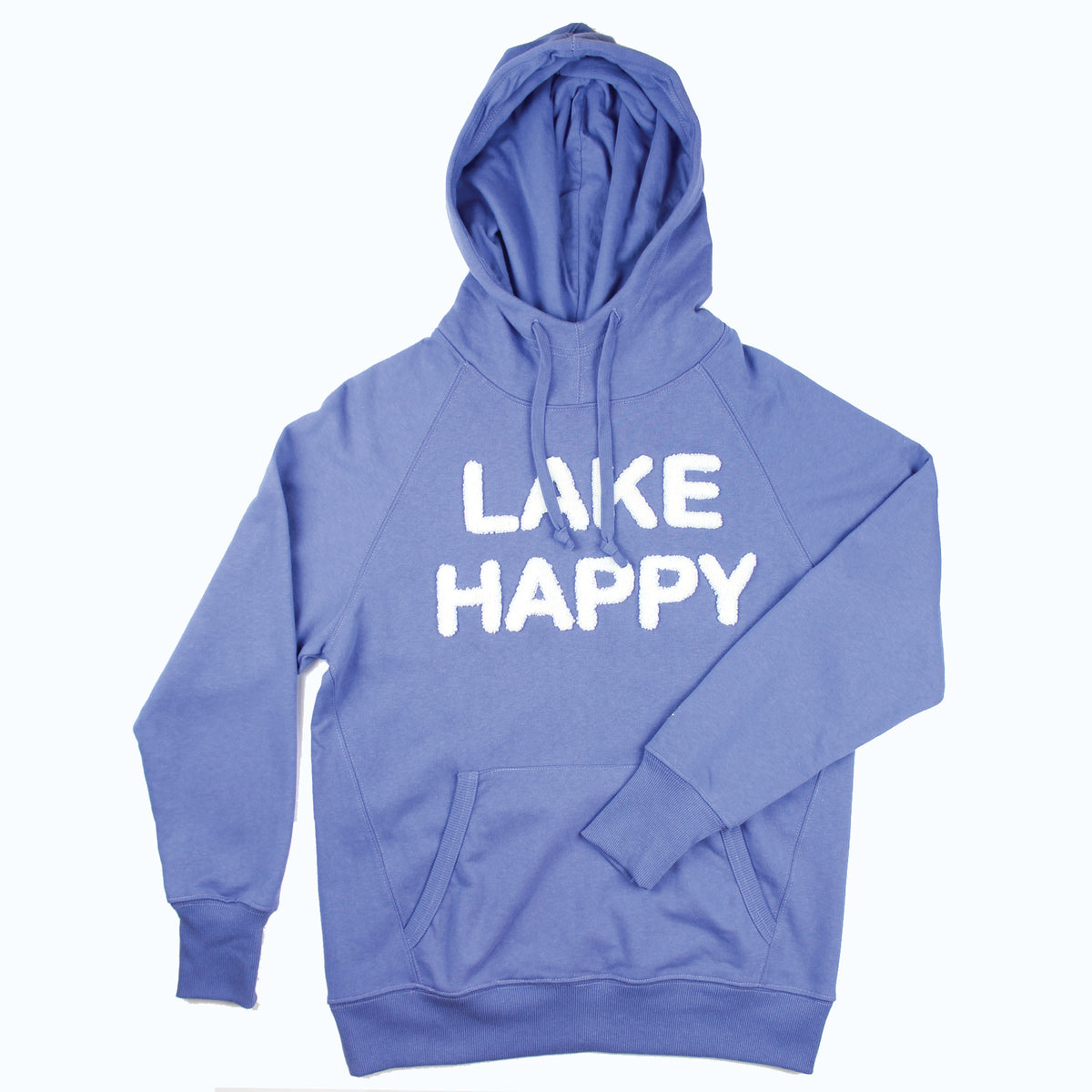 Lake Happy Hooded Sweatshirt Bleached Denim White Chenille Logo Design