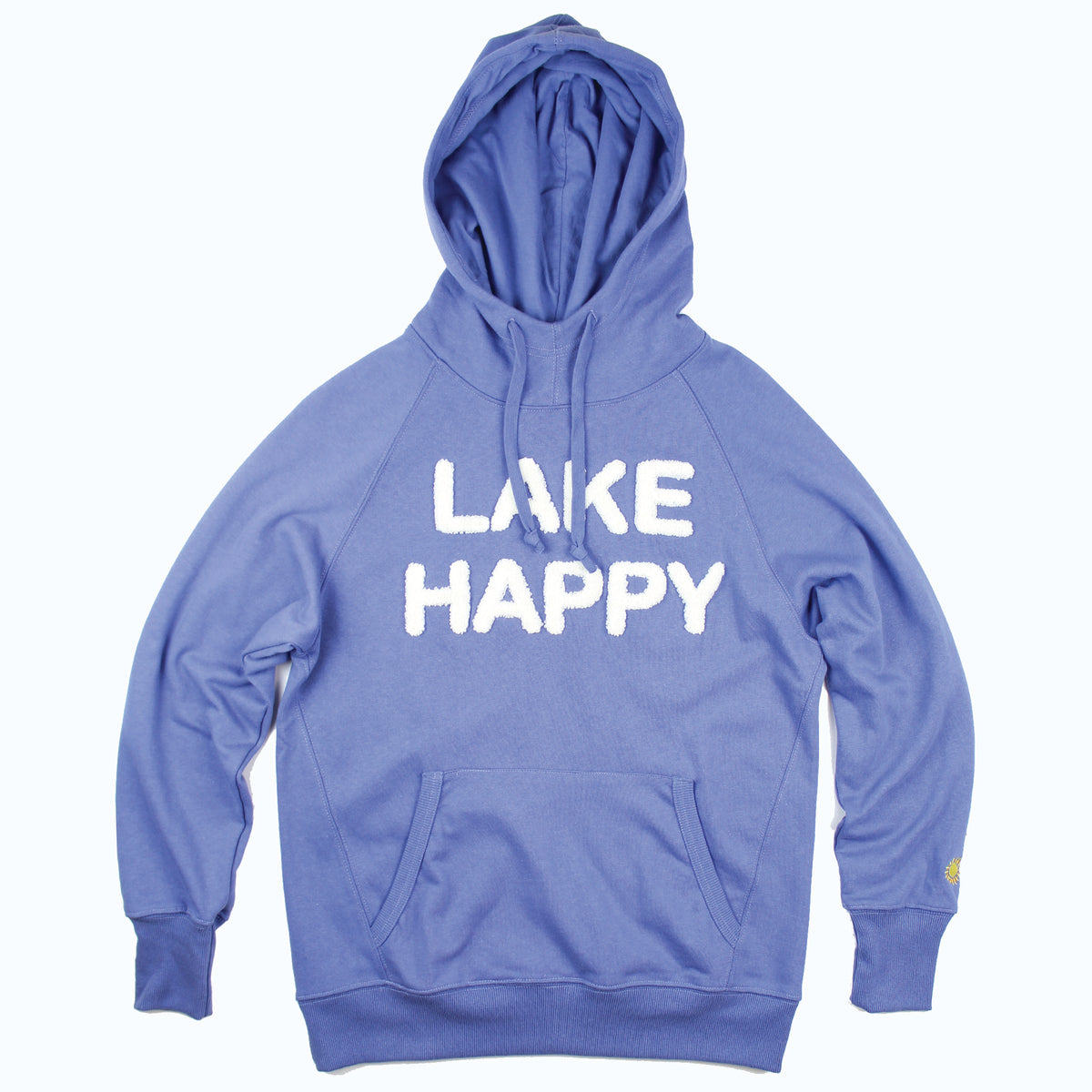 Lake Happy Hooded Sweatshirt Bleached Denim White Chenille Logo Design