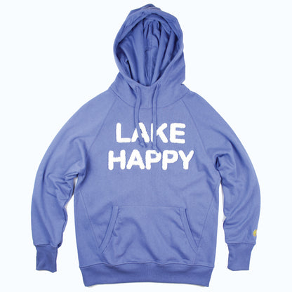 Lake Happy Hooded Sweatshirt Bleached Denim White Chenille Logo Design