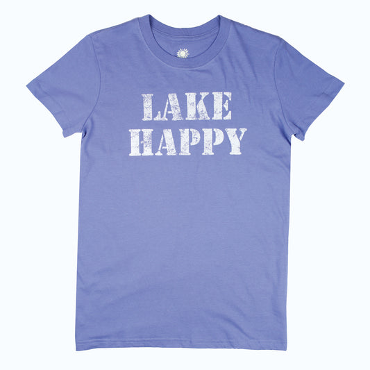 Lake Happy Short Sleeve Classic T-shirt Bleached Denim Stencil Logo Design