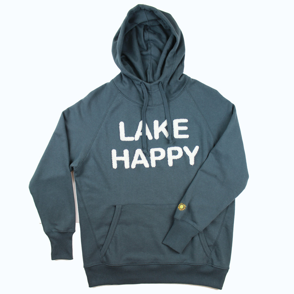 Lake Happy Hooded Sweatshirt Dark Slate White Chenille Logo Design