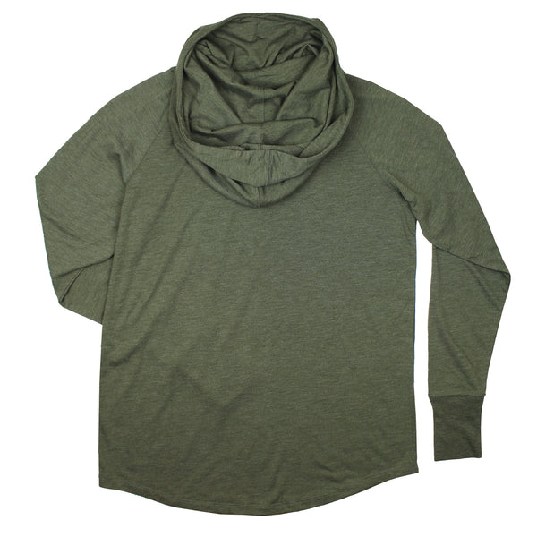 Lake Happy Long Sleeve Hooded Cowl neck Tee Shirt MOSS green