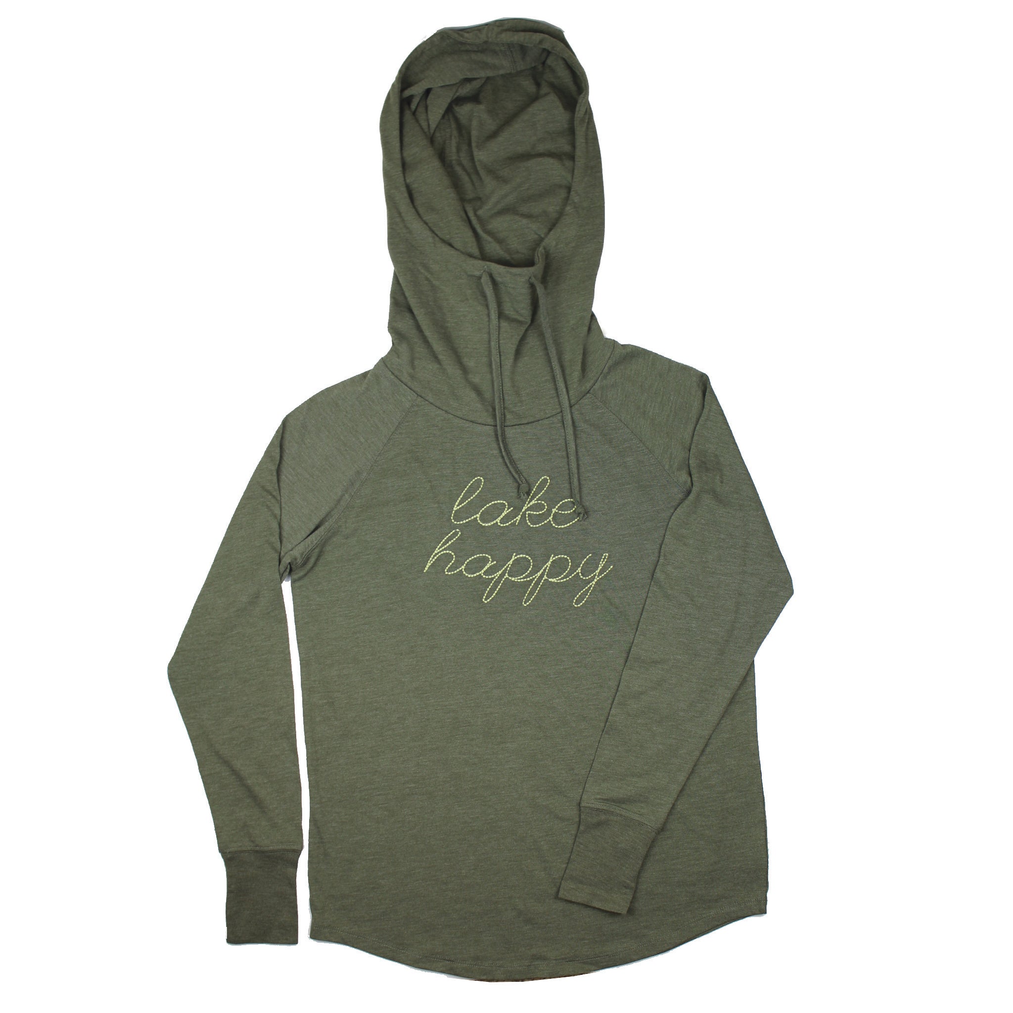 Lake Happy Long Sleeve Hooded Cowl Neck T-shirt Moss Green