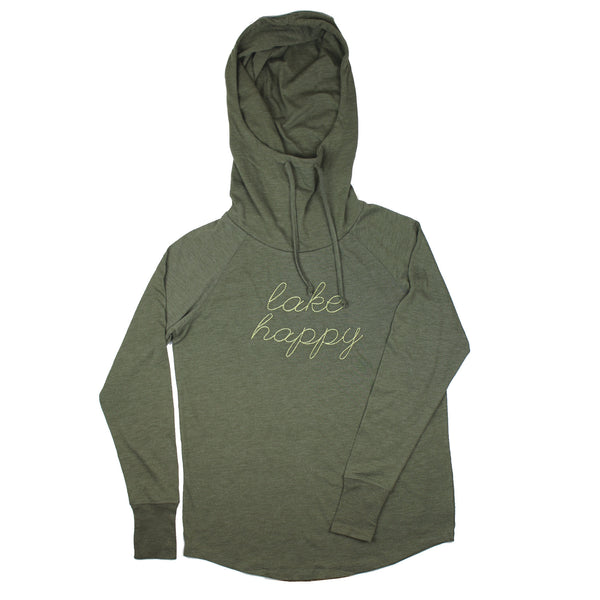 Lake Happy Long Sleeve Hooded Cowl neck Tee Shirt MOSS green