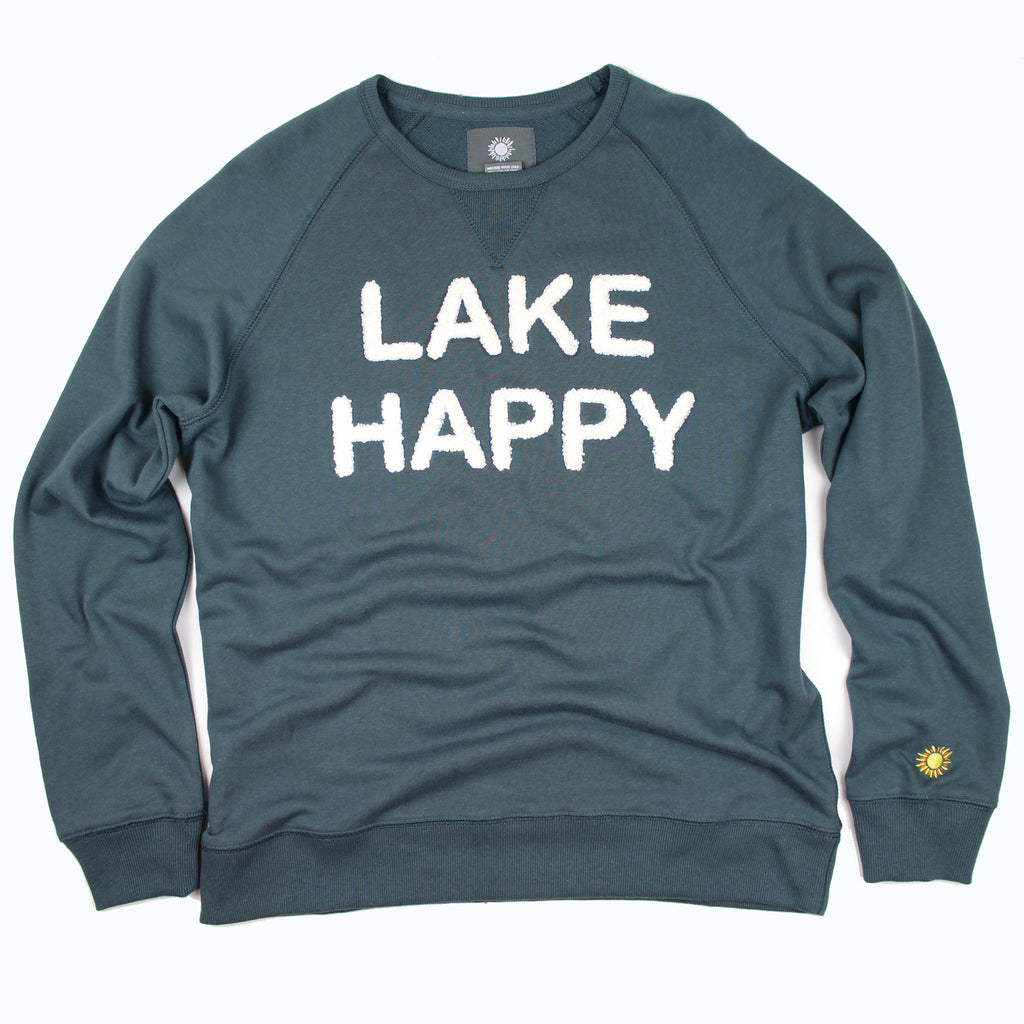 Lake Happy Crew Neck Sweatshirt Dark Slate White Chenille Logo Design