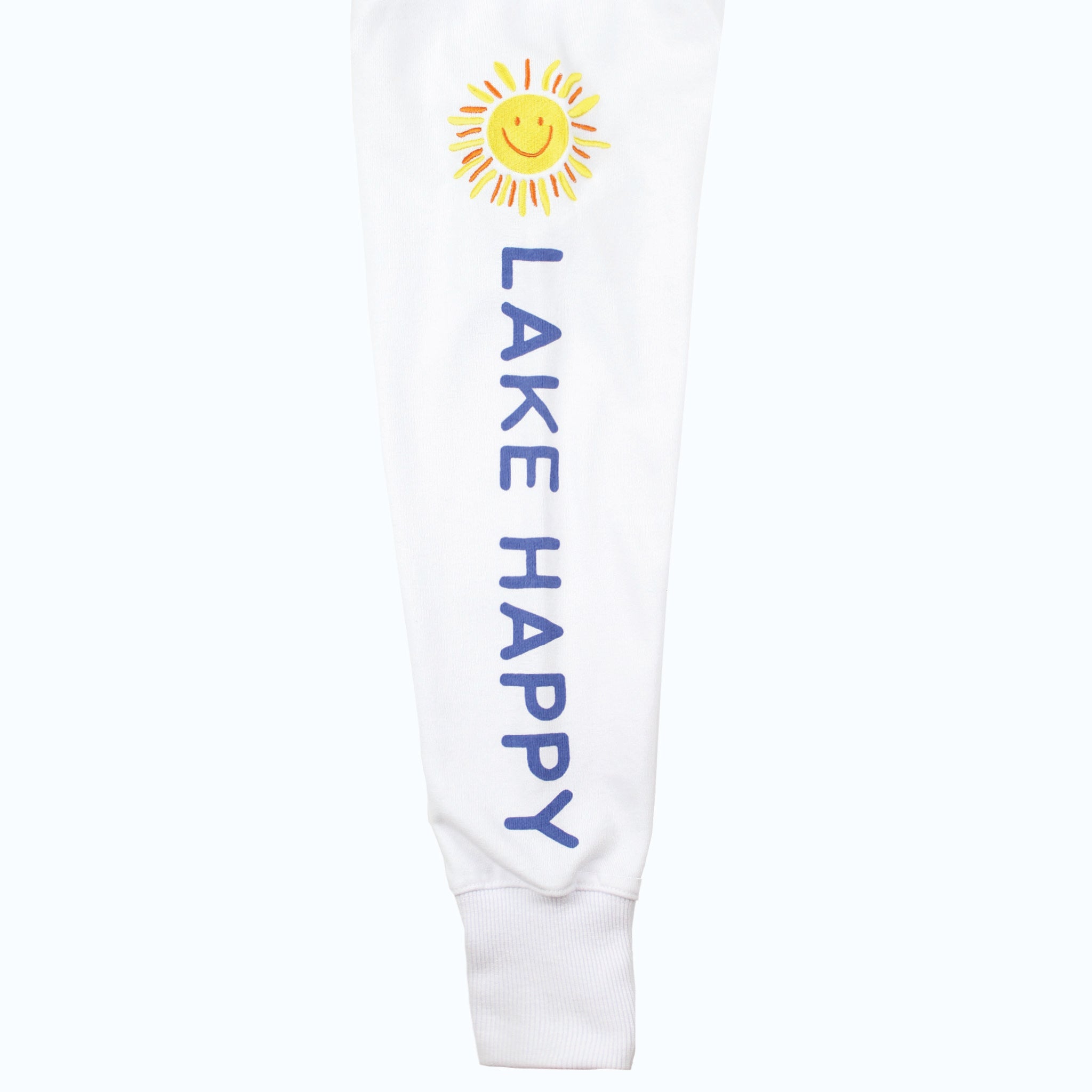 Lake Happy Sweatshirt White Happy Sun Logo Arm Printing Design