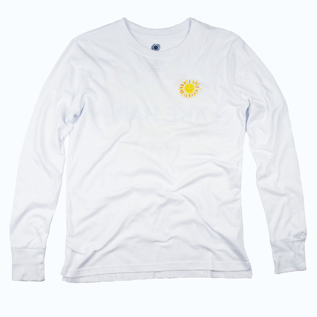 Lake Happy Long Sleeve T-shirt White Back Sun Logo Design