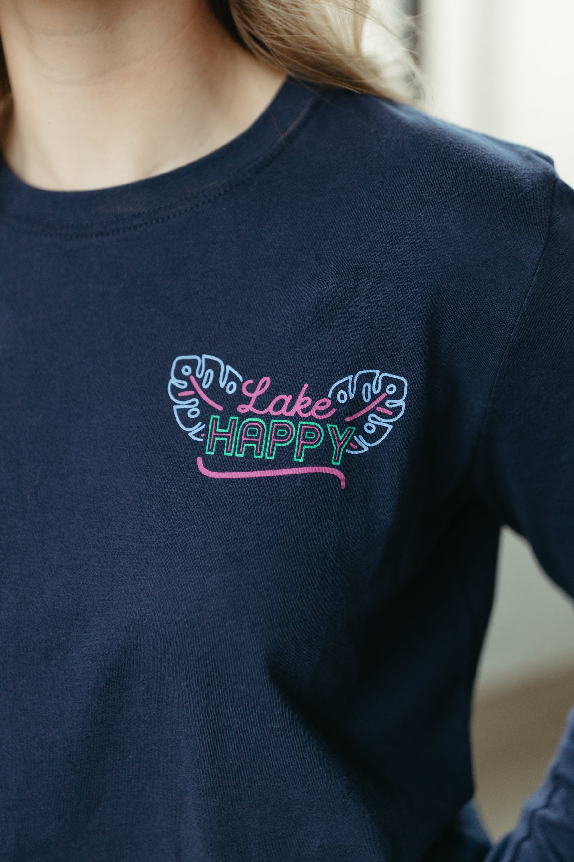 Lake Happy Neon Long Sleeve T-Shirt True Navy Neon Logo Design