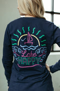 Lake Happy Neon Long Sleeve T-Shirt True Navy Neon Logo Design