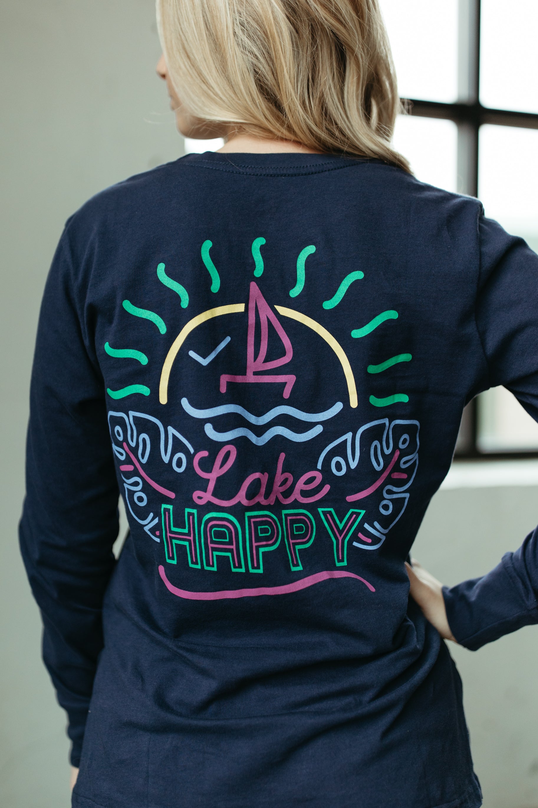 Lake Happy Neon Long Sleeve T-Shirt True Navy Neon Logo Design