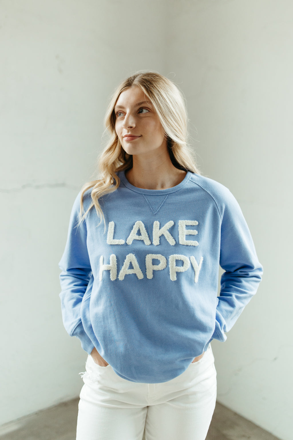 Lake Happy Crew Neck Sweatshirt Chenille Sky Blue Logo Design