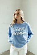 Lake Happy Crew Neck Sweatshirt Chenille Sky Blue Logo Design