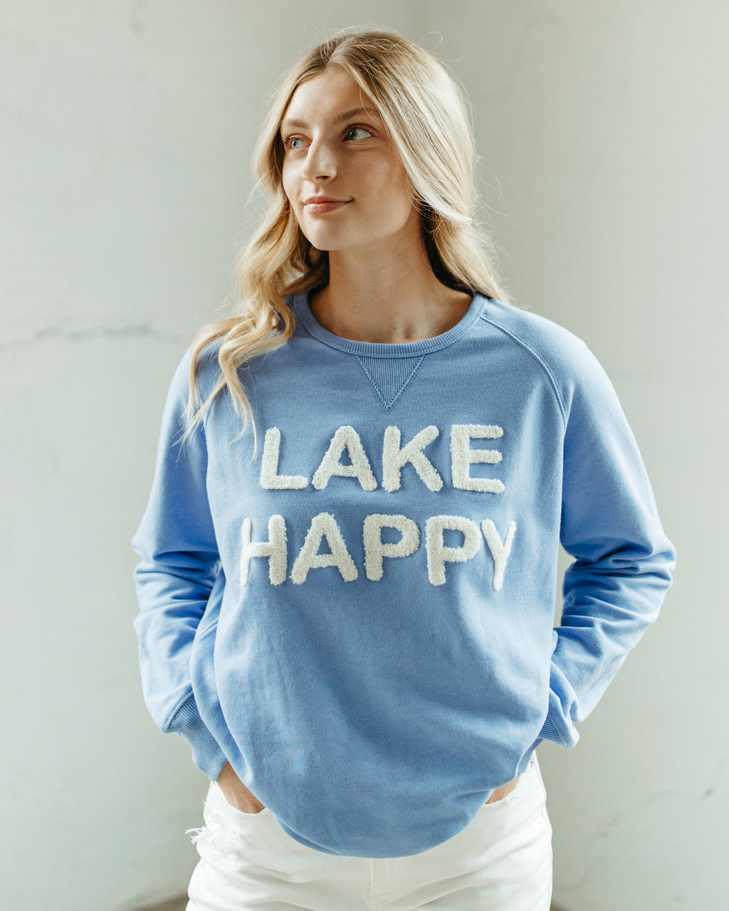 Lake Happy Crew Neck Sweatshirt Chenille Sky Blue Logo Design