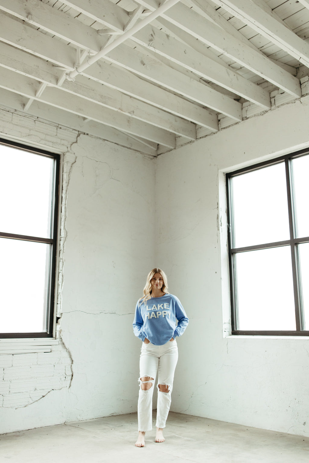 Lake Happy Crew Neck Sweatshirt Chenille Sky Blue Logo Design