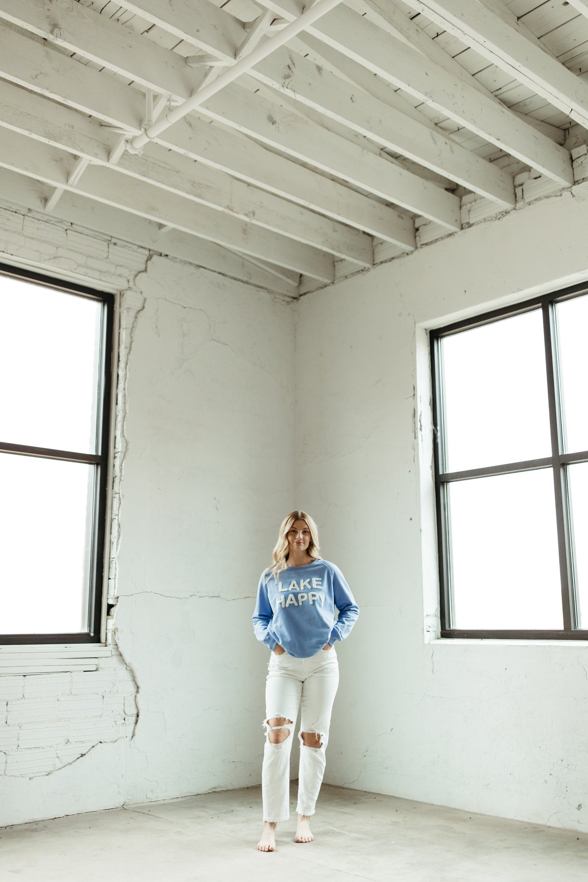 Lake Happy Crew Neck Sweatshirt Chenille Sky Blue Logo Design
