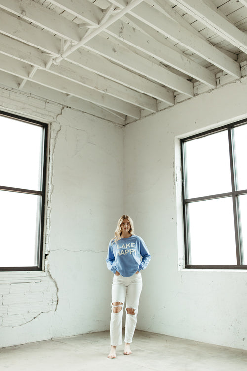 Lake Happy Crew Neck Sweatshirt Chenille Sky Blue Logo Design