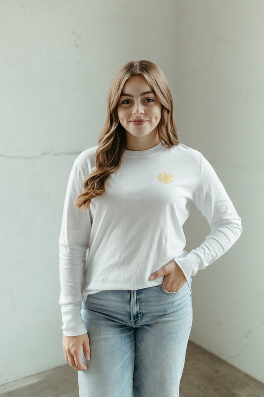 Lake Happy Long Sleeve T-shirt White Back Sun Logo Design