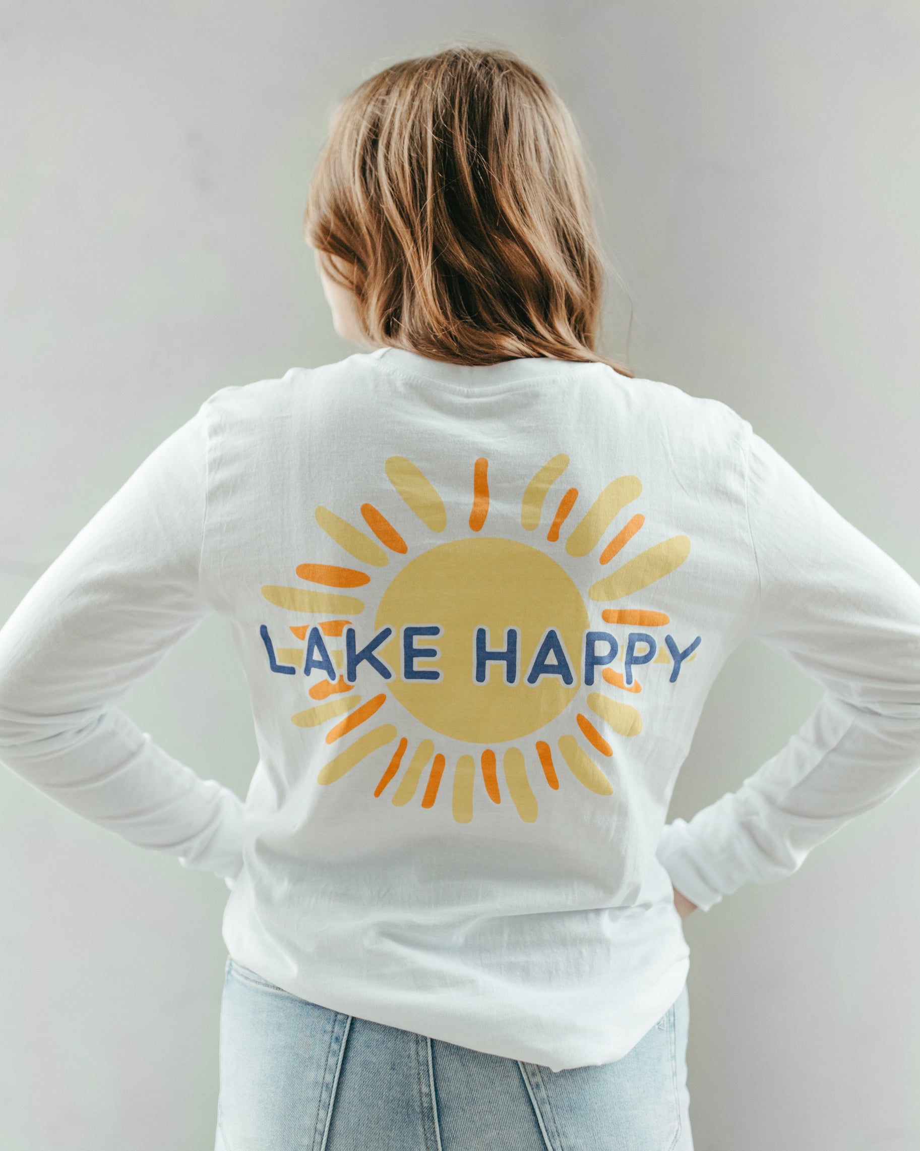 Lake Happy Long Sleeve T-shirt White Back Sun Logo Design