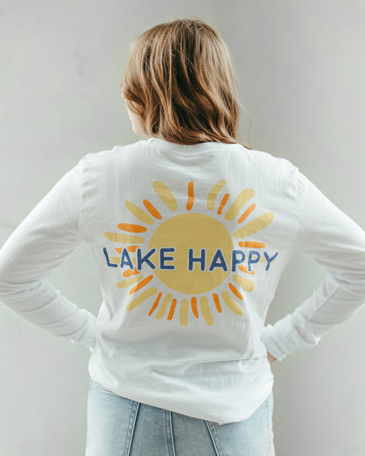 Lake Happy Long Sleeve T-shirt White Back Sun Logo Design