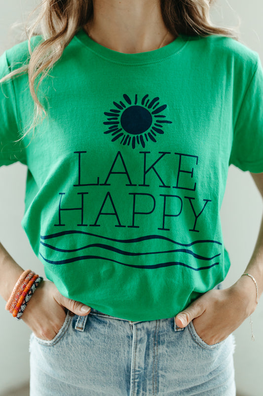 Lake Happy Short Sleeve Classic T-shirt Kelly Green and True Navy Logo Design