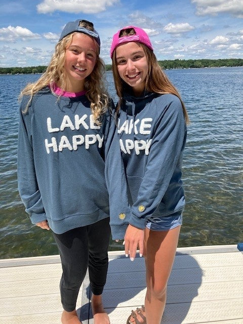 Lake Happy Crew Neck Sweatshirt Dark Slate White Chenille Logo Design