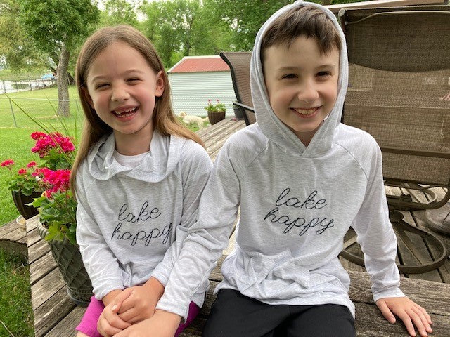 Lake Happy Youth Long Sleeve Hooded T-shirt Heather Grey Script Logo