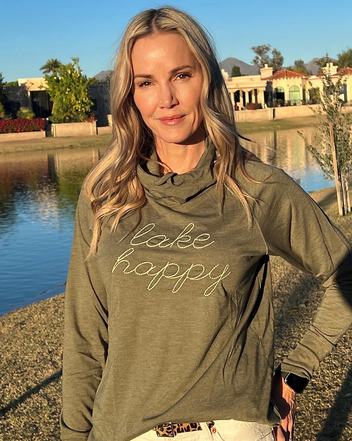 Lake Happy long sleeve cowl neck hoodie, olive/moss green with embroidered logo.