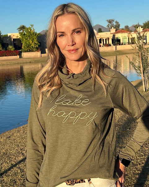 Lake Happy long sleeve cowl neck hoodie, olive/moss green with embroidered logo.