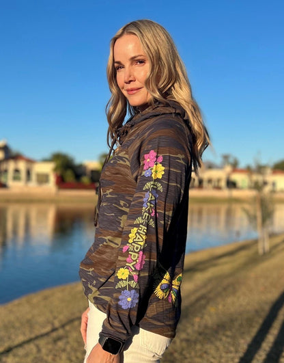 Lake Happy Long Sleeve Cowl Hooded T-Shirt Camo Flower Logo