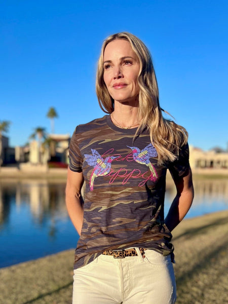 Lake Happy Short Sleeve Classic Tee Shirt CAMO Script logo & Birds