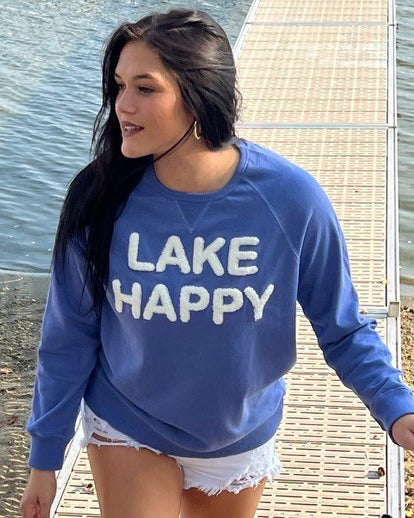 Lake Happy Crew Neck Sweatshirt Bleached Denim White Chenille Logo Design