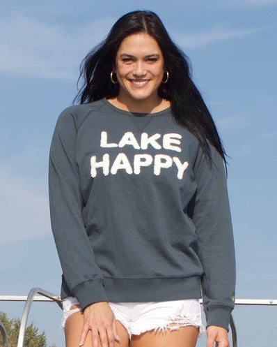 Lake Happy Crew Neck Sweatshirt Dark Slate White Chenille Logo Design