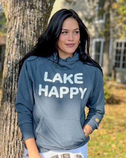 Lake Happy hooded sweatshirt, slate blue with white chenille letters.
