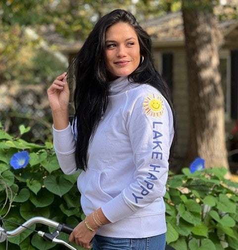 Lake Happy Sweatshirt White Happy Sun Logo Arm Printing Design