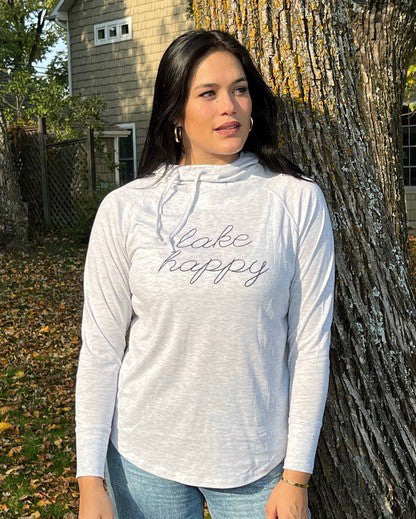 Lake Happy Long Sleeve Hooded Cowl Neck T-shirt Heather Grey Stitched Logo Design