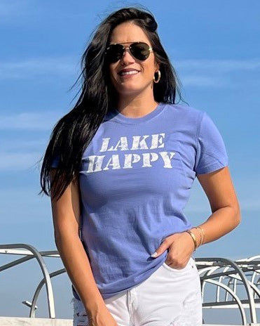 Lake Happy Short Sleeve Classic T-shirt Bleached Denim Stencil Logo Design