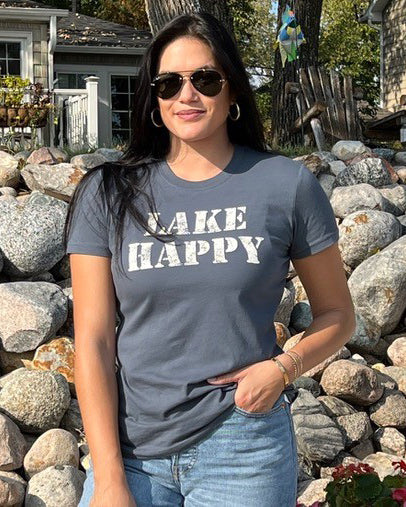 Lake Happy Short Sleeve Classic T-shirt Dark Slate Stencil Logo Design