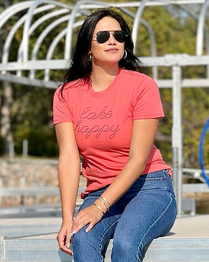 Lake Happy Short Sleeve Classic T-shirt Porcelain Rose Script Logo Design